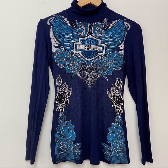 HARLEY-DAVIDSON top sequin lightweight open back long sleeves blue bikercore - Picture 14 of 14